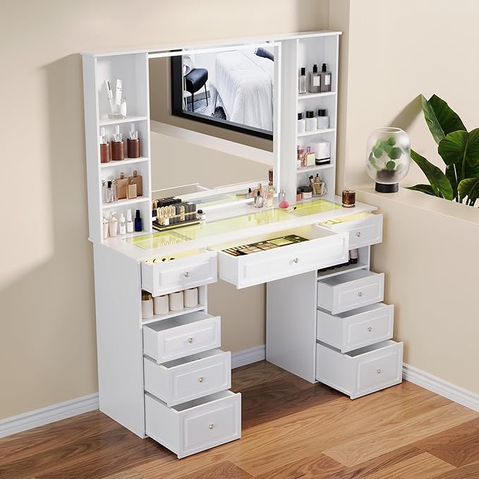 Extra Large Vanity Desk with Lighted Mirror, Makeup Vanity with RGB Glass Top, White Vanity Table with 9 Drawers, Tall Dressing Table with Crystal Ball Knobs (Minimalist Style)
