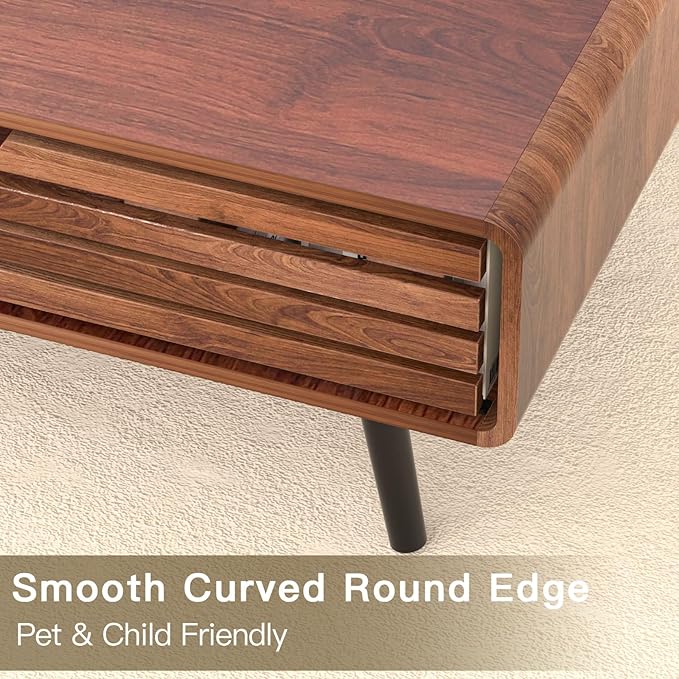 Mid Century Modern Coffee Table - Coffee Table for Living Room, 39.4" Fluted Design with Sliding Door Storage & Open Shelves, Wood Construction, Walnut