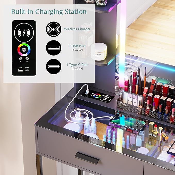 HENBC Vanity with Mirror and LED Lights, Glass Top Vanity Desk with Charging Station(Wireless+USB+Type-C), RGB Makeup Table Set with Stool/Makeup Organizer/6 Drawers for Bedroom (Grey)