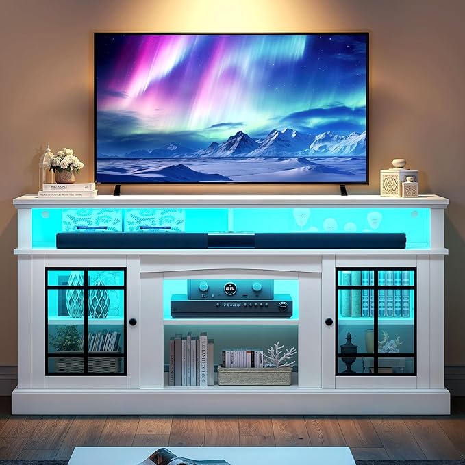 YITAHOME White TV Stand for 75 Inch TV, LED Modern Entertainment Center with Adjustable Shelves and Glass Doors, 32'' Tall Television Stands TV Media Console Table for Living Room, White