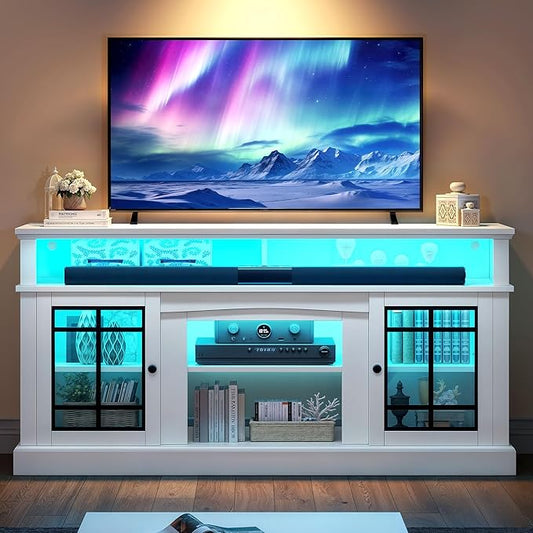 YITAHOME White TV Stand for 75 Inch TV, LED Modern Entertainment Center with Adjustable Shelves and Glass Doors, 32'' Tall Television Stands TV Media Console Table for Living Room, White