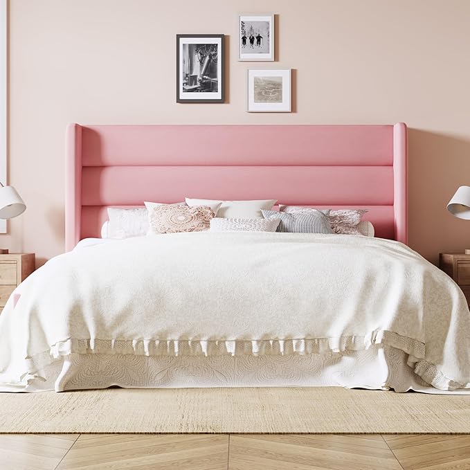 Allewie Queen Size Platform Bed Frame with Velvet Upholstered Wingback Headboard, No Box Spring Needed, Under Bed Storage Space, Strong Wooden Slats, Modern Mattress Foundation, Easy Assembly, Pink