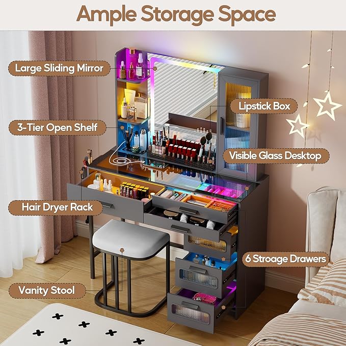 Vanity Desk with Mirror and RGB Lights，Glass top Makeup Vanity Table Set with Stool & Charging Station, Dressing Table with RGB Cabinet,6 Drawers,Lipstick Grid for Bedroom,Grey