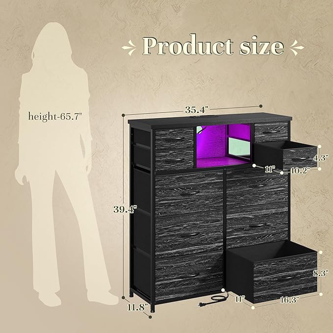 Dresser for Bedroom with Charging Station and LED and 10 Fabric Drawers, Sturdy Tall Chest of Drawers with 2 Open Storage Shelves Storage Tower for Clothing, Closet, Hallway (Black)