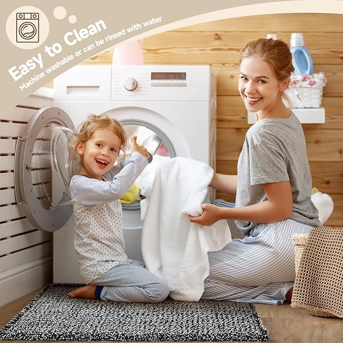 Black and White Bathroom Rugs, Waffle Runner Rug Bathroom Non Slip Washable Long Super Absorbent Quick Dry Boho Farmhouse Bath Decor, 60"x24" Black and White