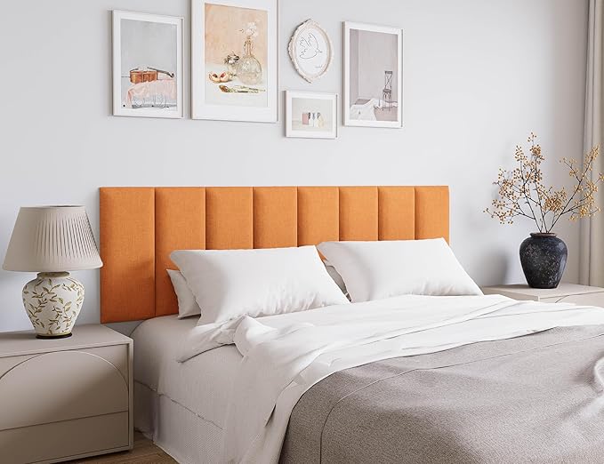 Upholstered Wall Mounted Headboard for Queen Bed, 9PCS Peel and Stick Tufted Panels, Interior Wall Decor Panels for Bedroom Headboards, 10"x24" Each, Orange