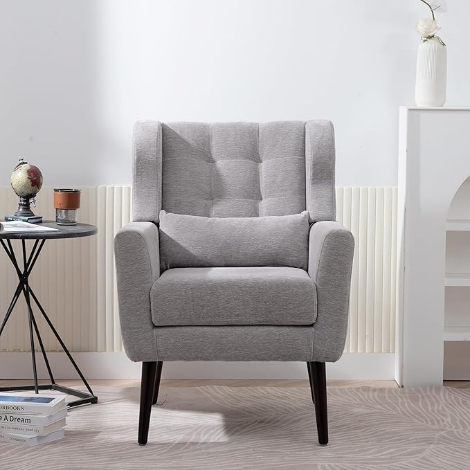 Accent Chair, Comfy Upholstered Living Room Chairs with High Tufted Backrest and Pillow, Wingback Reading Chair with Solid Wood Legs for Bedroom/Office, Chenille Fabric, Grey