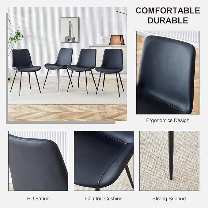 Modern Granite Dining Table Set for 4, 50" Sintered Stone Table and 4 Black PU Leather Chairs