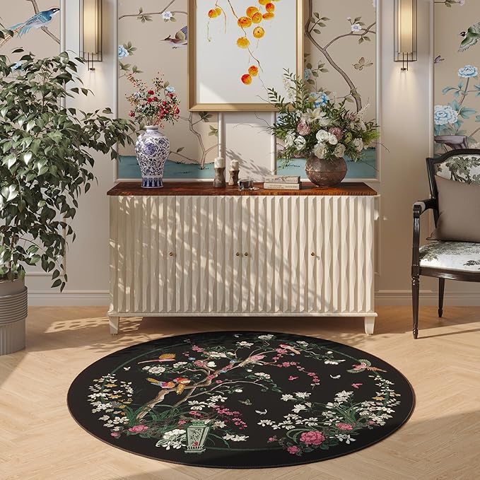 Circle Rug 4ft Chinoiserie-Style Floral Vintage Washable Round Rug Non Slip Low Pile Small Circular Rug for Bedroom, Bathroom, Entryway, Kids Room, Office, Black