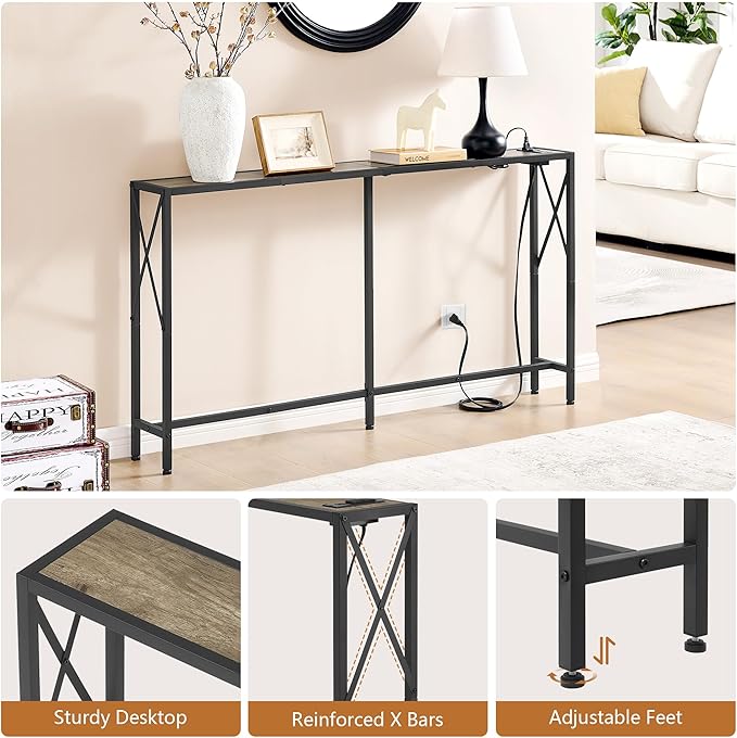 Sofa Table with Oulets and USB Ports, 55.1" Couch Table Behind Sofa, Industrial Long Skinny Stand for Hallway, Living Room, Bedroom, 6.5 Feet Power Cord