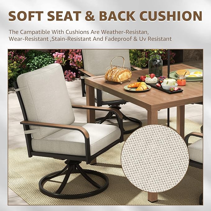 NATURAL EXPRESSIONS 5 Piece Outdoor Patio Dining Sets, 4pcs Swivel Dining Chairs & Square Woodgrain Dining Table with 1.65”Umbrella Hole for Lawn, Garden, Deck, Backyard and Porch