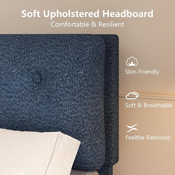 Twin Bed Frames,Breathable Boucle Fabric Upholstered Bed Frame Twin with Headboard,Removable and Washable,Wood Slat Support,No Box Spring Needed,Easy Assembly,Cama Individual,Navy Blue