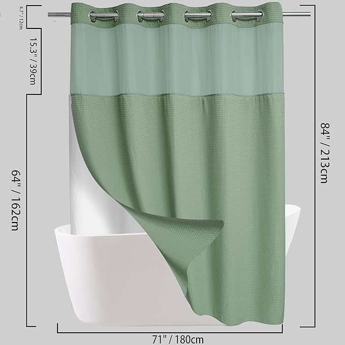 Extra Long No Hook Sage Green Waffle Weave Shower Curtain with Snap in Liner Set, Hotel Luxury Shower Curtains for Bathroom with See Through Top Window, Waterproof, Washable 71W x 84H