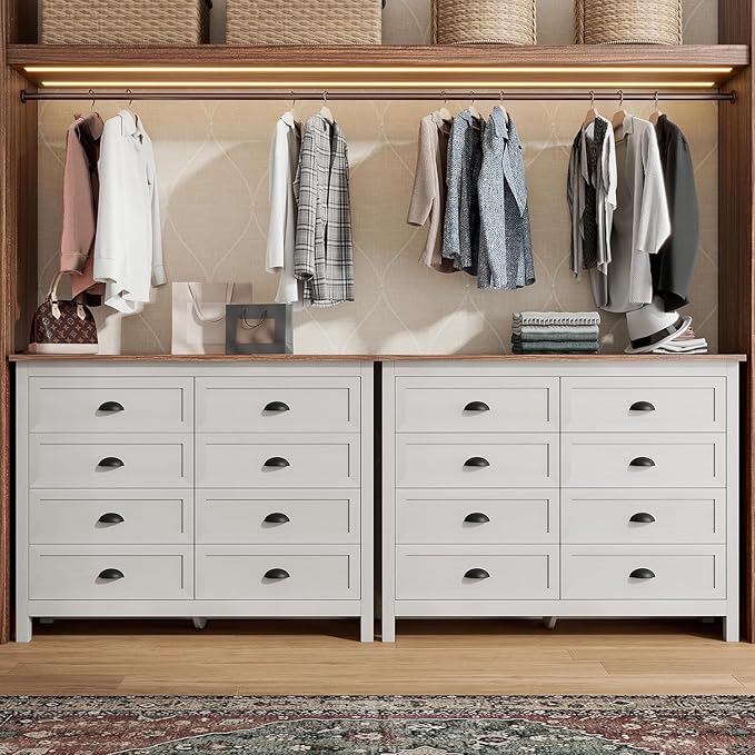 Wananlanen® Farmhouse Dresser for Bedroom, Antique Double Dresser & Chest of Drawer with Vintage Handle and Storage, Wooden Tall Rustic Organizer for Bedroom (Antique White, 8 Drawer)