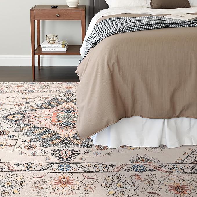 Vintage Area Rug 5x8 Rugs, Machine Washable Vintage Area Rug Non-Slip Low Pile Large Rug for Living Room, Bedroom, Farmhouse, Dining Room, Beige