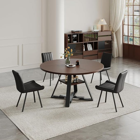 45.3" Walnut Round Dining Table Set with 4 Chairs – Mid-Century Modern Small-Space Kitchen & Dining Room Furniture for Apartment or Breakfast Nook (Walnut – Storage Table + 4 Black Chairs)