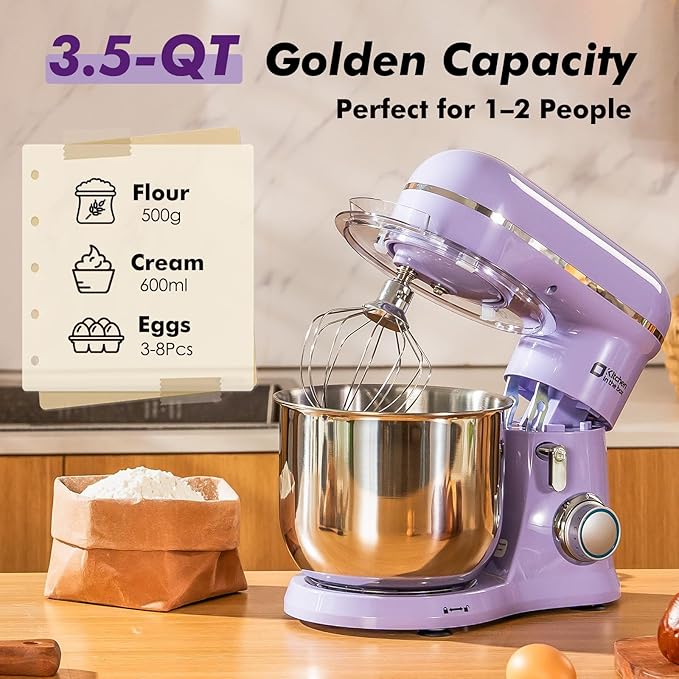 Kitchen in the Box Stand Mixer, 3.5 QT Small Electric Kitchen Mixer, 10-Speed Portable Lightweight Food Mixer with Stainless Steel Bowl, Egg Whisk, Dough Hook, Beater (Lavender Purple)