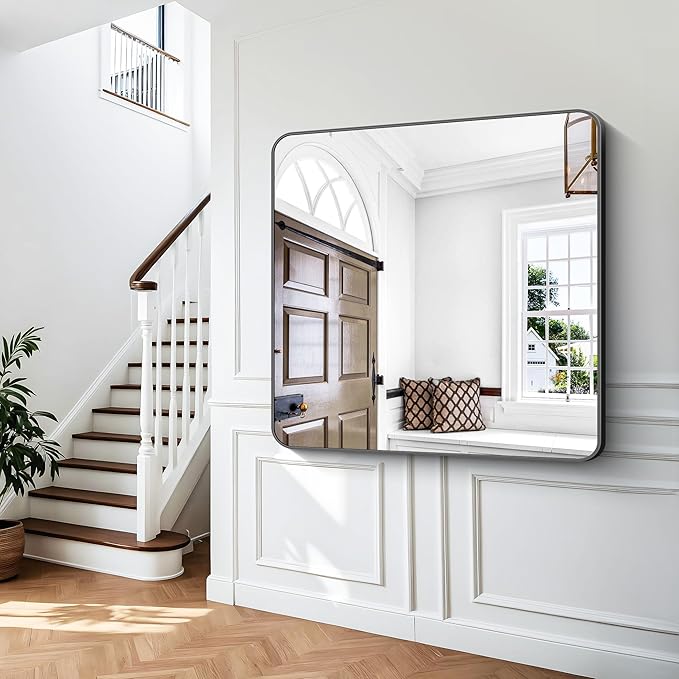 BONEWEI 48x48 inch Bathroom Mirror,Black Rectangle Mirror,Wall Mounted Bathroom Frame Vanity Mirror with Round Corner for Bedroom Living Room,Entryway Hangs Horizontal or Vertical