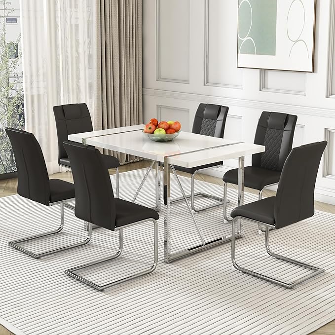 Dining Table Chairs Set for 6, Modern Rectangular Dining Room Table Set PU Leather Upholstered Dining Chairs 55" Dinner Table Set for Kitchen, Dining Room (Dining Table Set for 6, Black)