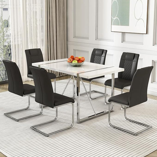 Dining Table Chairs Set for 6, Modern Rectangular Dining Room Table Set PU Leather Upholstered Dining Chairs 55" Dinner Table Set for Kitchen, Dining Room (Dining Table Set for 6, Black)