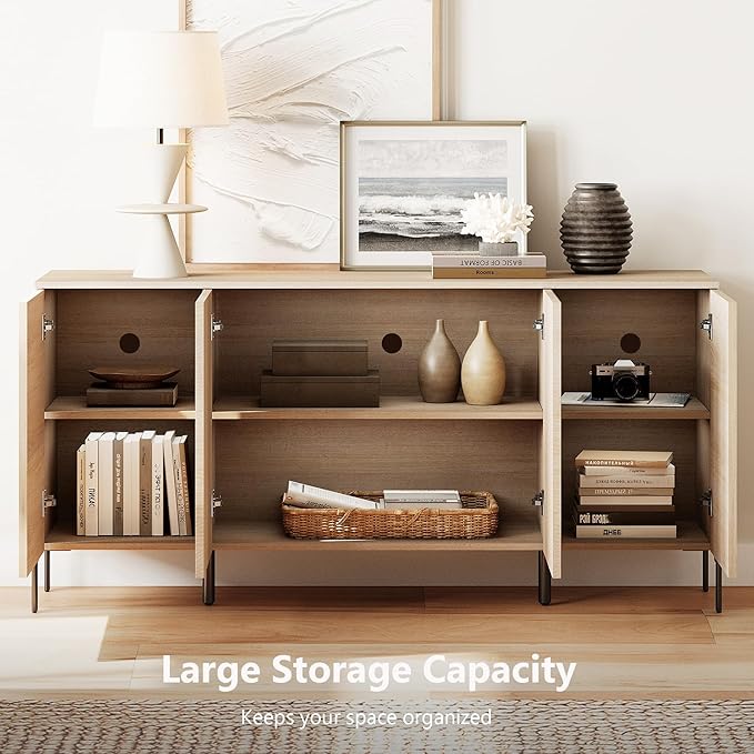 WAMPAT 61.6" TV Stand Cabinets for TVs up to 75 Inches, Entertainment Center with Storage Cabinets and 4 Doors, Mid Century Modern Media TV Console Table for Living Room Bedroom,Beige