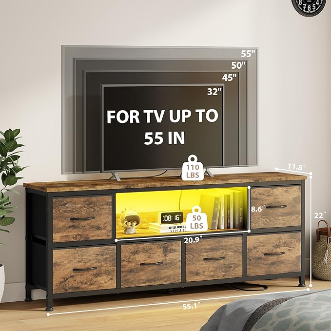 Lulive TV Stand for Living Room, LED Rustic Brown Dresser for Bedroom with 6 Fabric Drawers,43 55 60in TV Stand with Power Outlet, Entertainment Center with Open Shelf