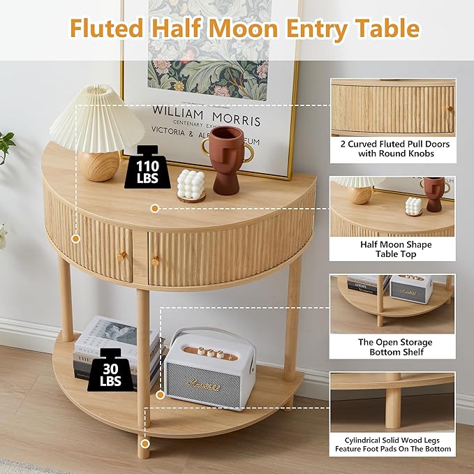 Fluted Half Moon Console Table, Modern Small Entry Table Sofa Table with Storage, Solid Wood Legs Narrow Entryway Table for Living Room, Hallway, Foyer(Natural)