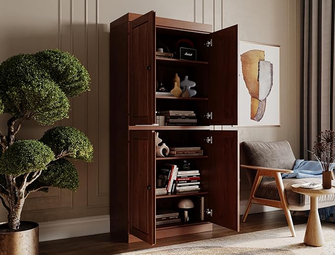 Palace Imports Solid Wood Bookcase - 6-Shelf Tall Bookshelf, 71.5” H x 32” W - Mocha, Wooden Cabinet Doors, Adjustable Shelves, 100% Renewable Eco-Friendly Wood, Made in Brazil