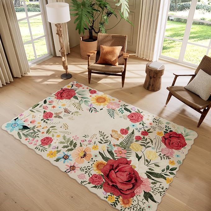 Washable Floral Area Rugs for Living Room, 5'x7' Beige Soft Non-Slip Bedroom Rug Stain Resistant Lightweight Boho Vintage Low-Pile Throw for Dining Room Office