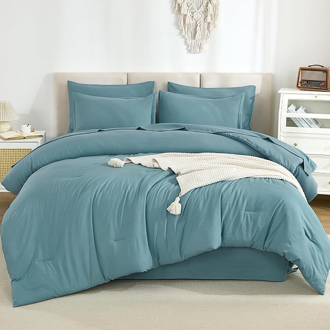 Litanika Super King Comforter Sets Grayish Teal - 7 Pieces Bed in a Bag Oversized King Bedding Comforter Sets, Solid Lightweight Bed Set with Comforter, Sheets, Pillowcases & Shams