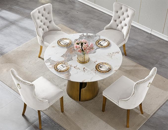 5-Piece Faux Marble Round Dining Table Set for 4, Modern Luxury Kitchen Table Set for 4 with Beige Tufted Chairs,Circle Dining Tables with Pandora Grain Top and Bronze Pedestal Base