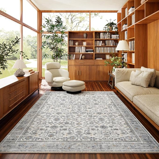 6x9 Washable Rug Vintage Fade Resistant Boho Distressed Non-Slip Indoor Large Carpet Low Pile Lightweight & High-Traffic Safe for Bedroom, Dorm, Playroom - Farmhouse Decor
