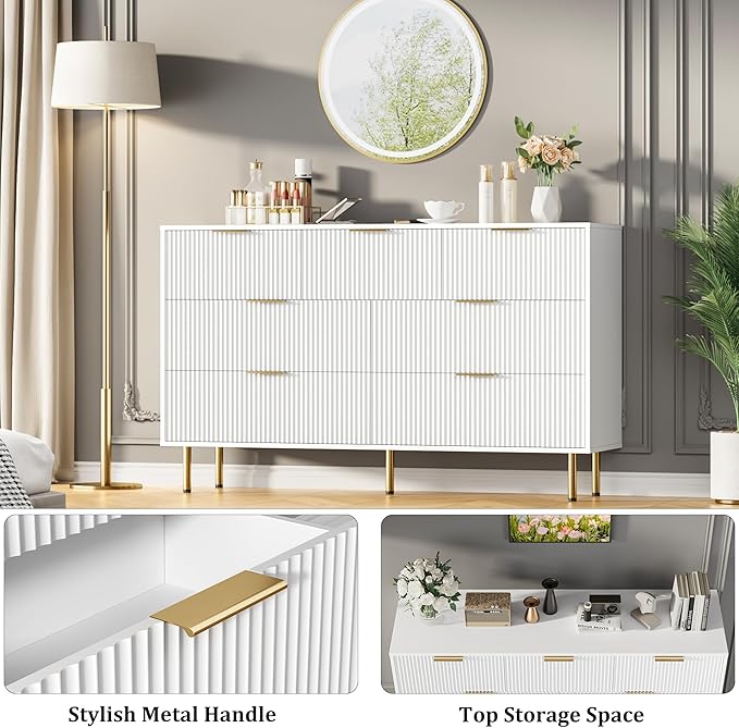 GarveeHome 7 Drawers Dresser for Bedroom, Fluted Chest of Drawers with Gold Handle, Wood Modern Dresser for Closet, Bedroom Furniture Storage Organizer for Living Room, Hallway, White