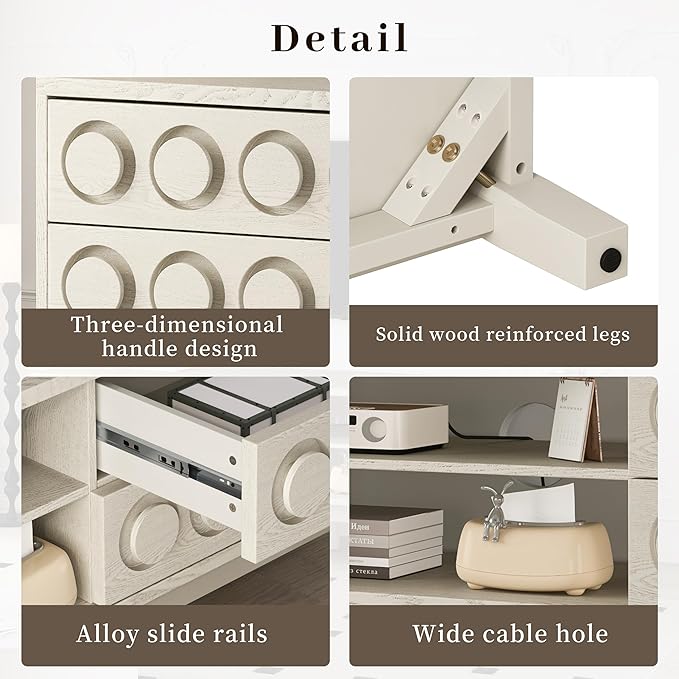 70" Modern TV Stand, Entertainment Center for Tvs up to 75", Unique Circular Design, TV Media Console with 4 Drawer & Open Storage for Living Room (White)