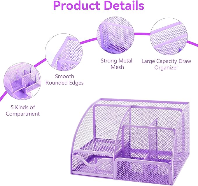 yuun Desk Organizers and Accessories, Purple Office Organizer for Women Storage with Stapler, Tape Holder, Clips Set, Staple Remover, Scissor, Pen Holder, Ruler, Pen, Staples and Transparent Glue