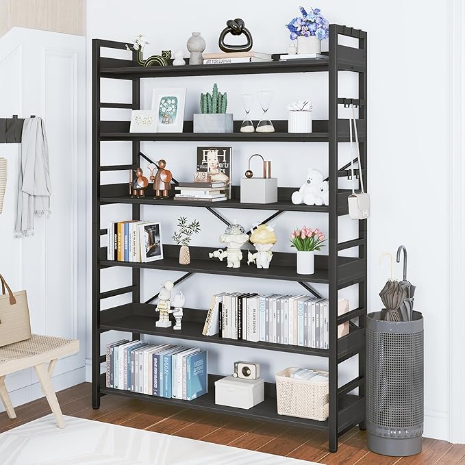 HCHQHS 6 Tier Bookshelf, Adjustable Industrial Bookcase, Vertical Tall Book Shelf, Wood and Black Metal Open Bookshelves for Home Office, Living Room, Bedroom