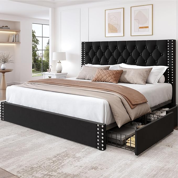 King Size Bed Frame with 4 Storage Drawers and Tufted Headboard Linen Upholstered Platform Bed Frame with Heavy Duty Wood Slats, No Box Spring Needed, Easy Assembly,Black