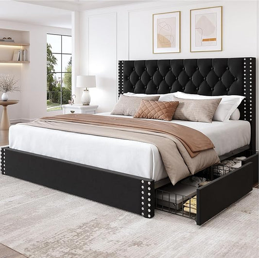 King Size Bed Frame with 4 Storage Drawers and Tufted Headboard Linen Upholstered Platform Bed Frame with Heavy Duty Wood Slats, No Box Spring Needed, Easy Assembly,Black