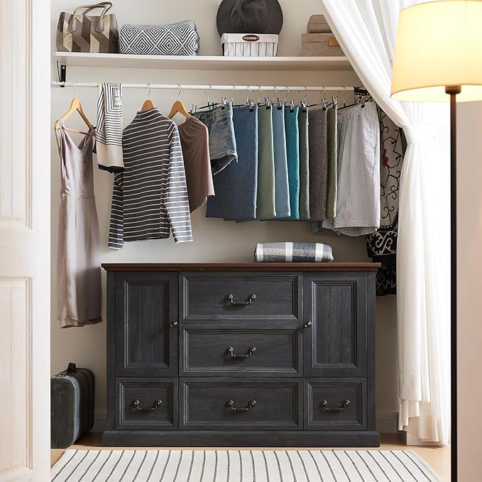 Farmhouse 5 Drawers Dresser for Bedroom, Wood Rustic Storage Organizer Closet Chest, Chest of Drawers w/Groove Barn Door&Shelf for Closet, Living Room, Dining Room, Hallway, Dark Grey