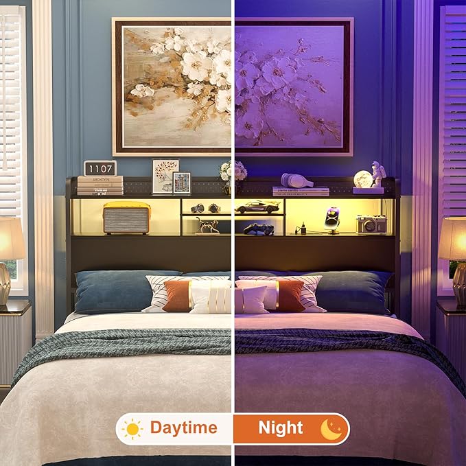 Unikito Headboard for King Size Bed with Storage Shelf, Head Board with 3 Outlets and 2 USB Ports, Headboards with RGB LED Light, Height Adjustable, Sturdy and Stable, Easy Assembly, Black