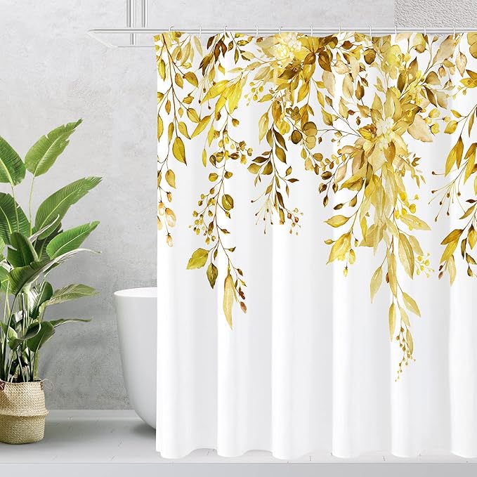 Gibelle Yellow Eucalyptus Shower Curtain, Watercolor Plant Leaves with Floral Bathroom Shower Curtain Set with Hooks, 72x72