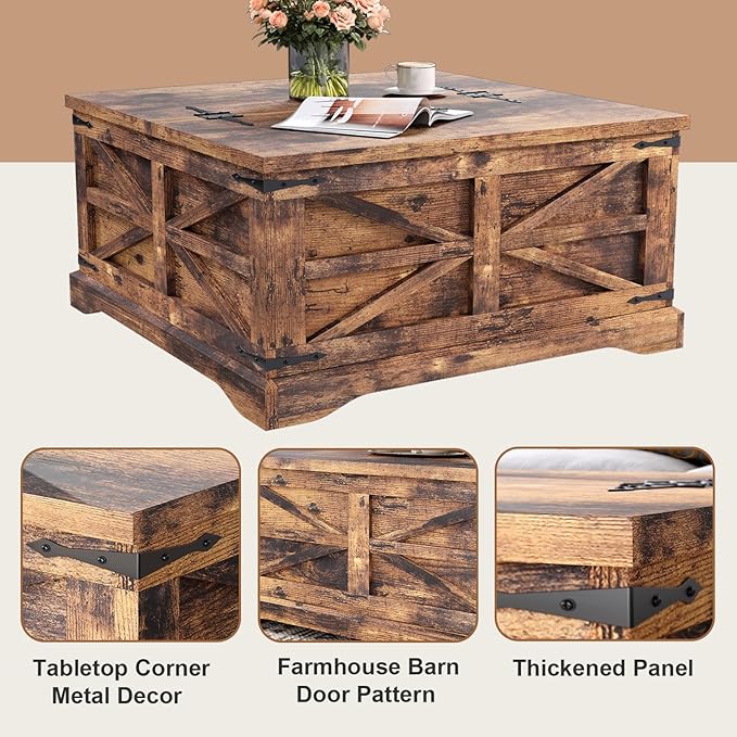 MXV Farmhouse Coffee Table with Storage, Square Coffee Tables for Living Room, Rustic Wood Center Table with Hinged Lifting Tabletop for Home, Brown