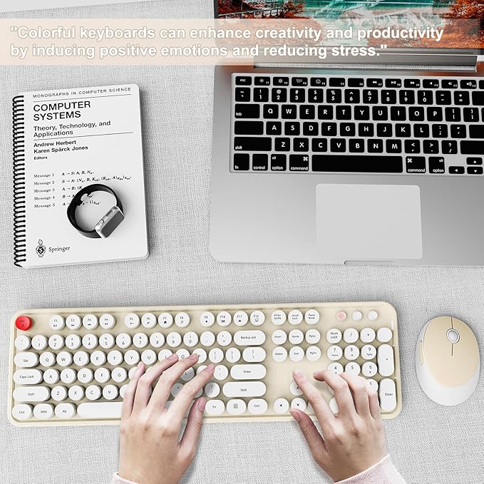 Wireless Keyboard and Mouse Combo, Ergonomic Full Size Typewriter Retro Round Keycaps Keyboard, Compatible with Windows, PC, Perfer for Home and Office Keyboards (Beige