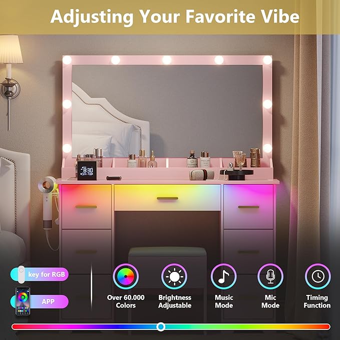 Makeup Vanity with Large Lighted Mirror and Chair, 7 Drawers Vanity Makeup Desk Table with Power Strip, Adjustable Lighting, and Cushioned Storage Stool for Women, Girls