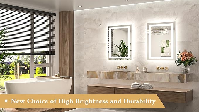 TETOTE LED Bathroom Mirror 20 x 28 Inch Brighter Light up Mirror for Bathroom Vanity, Front and Backlit Lighted Anti-Fog Wall Mirror with Lights, 3-Color Dimmable, Waterproof, Tempered Glass