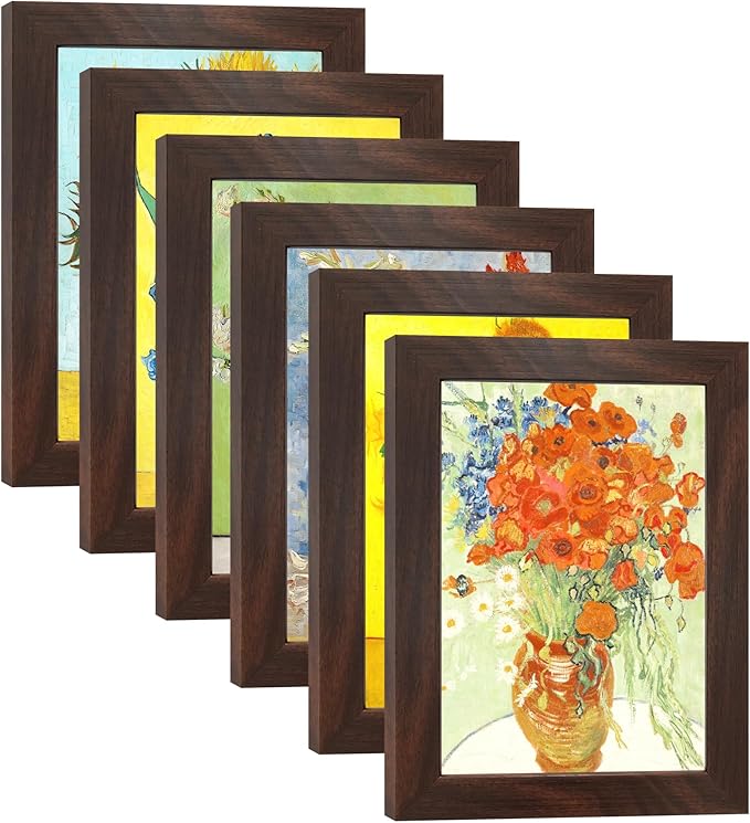5X7 Picture Frame Set of 6 with Real Glass for Pictures 4x6 with Mat or 5x7 Without Mat,Wall or Tabletop Gallery Photo Frames in Walnut