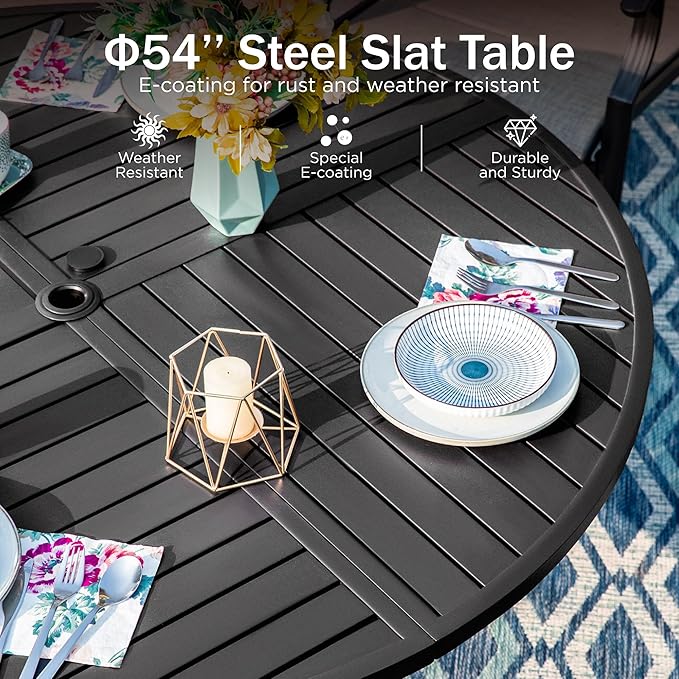 PHI VILLA 7 Pieces Outdoor Dining Set for 6, Round Metal Steel Table with Umbrella Hole & Swivel Wrought Iron Chairs with Cushions, Large Modern Furniture for Patio, Deck, Backyard, Porch