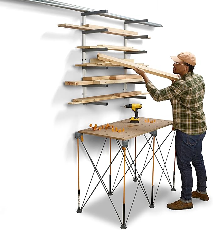 Bora 6 Level Lumber Storage Rack Wood and Garage Organization Space Saving Metal Shelf for Pipes, Boards, Plywood, and Building Materials - PBR-0620 White Gray