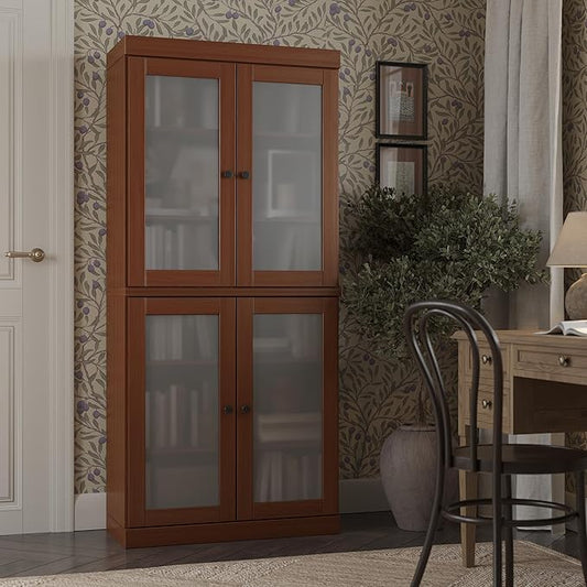 Palace Imports Solid Wood Bookcase w/Frosted Glass Doors & Adjustable Shelves - 6-Tier Bookshelf, 71.5" Tall, 32” Wide - Mocha, 100% Renewable Eco-Friendly Wood, Made in Brazil
