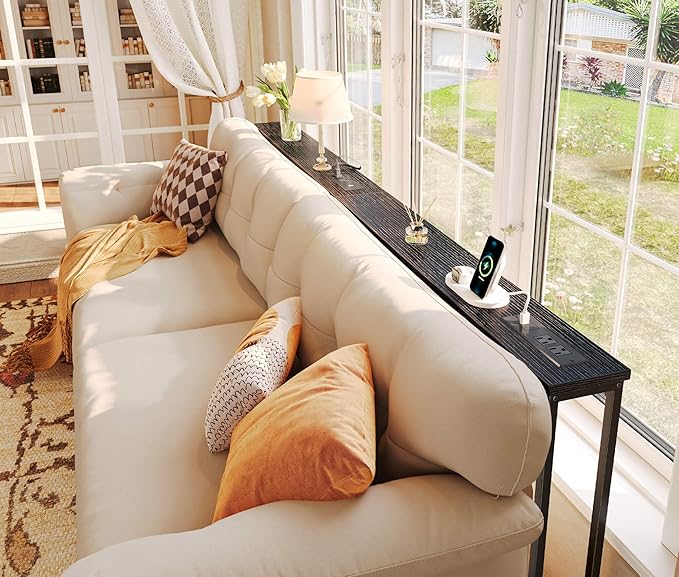 SUPERJARE 5.9 Inch Narrow Console Table with Outlet, Sofa Table Set of 2, Total Length 78'', Behind Couch Table, Long Entryway Tables with Charging Station, for Living Room, Hallway, Black